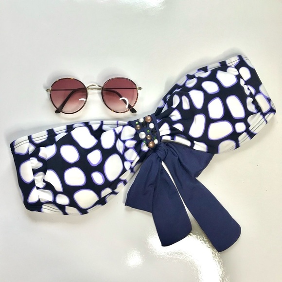 ST. JOHN Pebble Size 6 Bandeau & Halter Tie Embellished Swim Top Navy & White - Picture 4 of 15